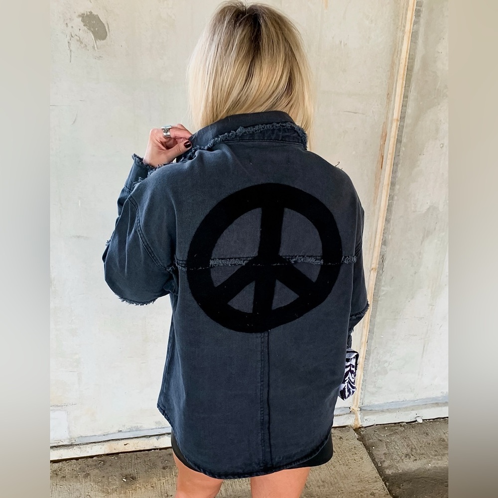 Studded Peace Sign Twill Jacket - Black